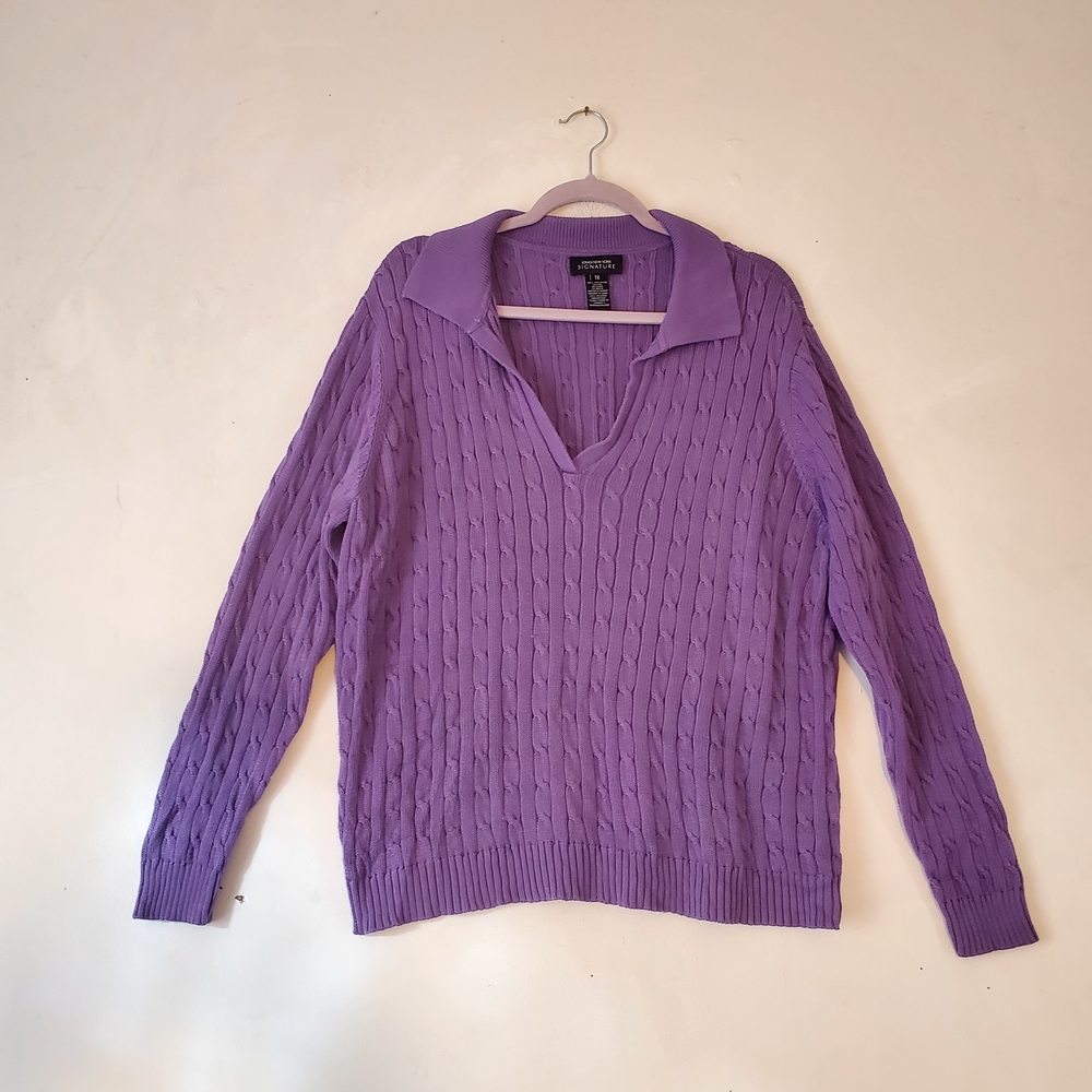 Purple Cable Knit Cotton Sweater Top Vneck Women Plus Size 1X